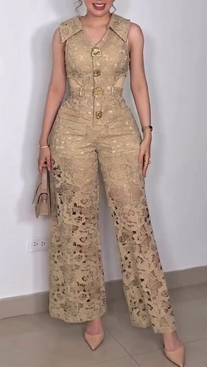 Women Lapel Splicing Print Hollowing Out Temperament Casual Jumpsuits