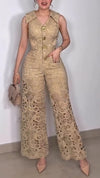 Women Lapel Splicing Print Hollowing Out Temperament Casual Jumpsuits