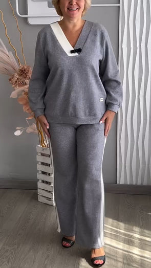 Womens V-neck Contrast Color Top + Pants Casual Set