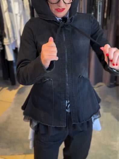 Womens Round Neck Hooded Washed Spliced casual Jacket