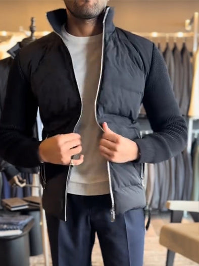 Men Round Neck Zipper Spliced knitted Cotton Jacket
