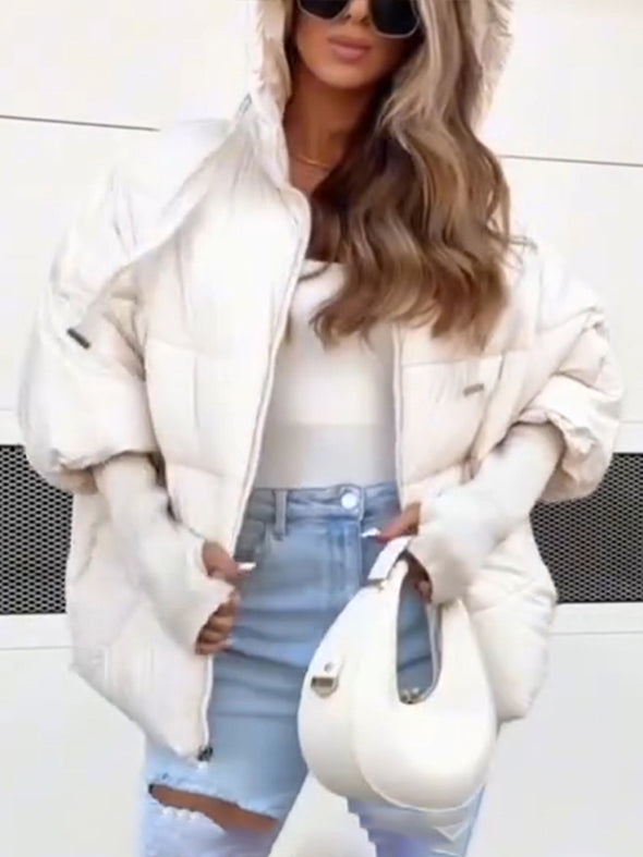 Womens Round Neck Hooded Casual Coat