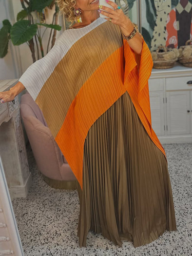 Womens Round Neck Contrast Irregular Top + Pleated Skirt Elegant Casual Suit