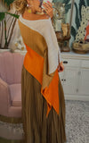 Womens Round Neck Contrast Irregular Top + Pleated Skirt Elegant Casual Suit
