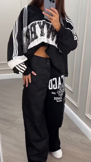 Womens Round Neck Splicing Printed Casual Set