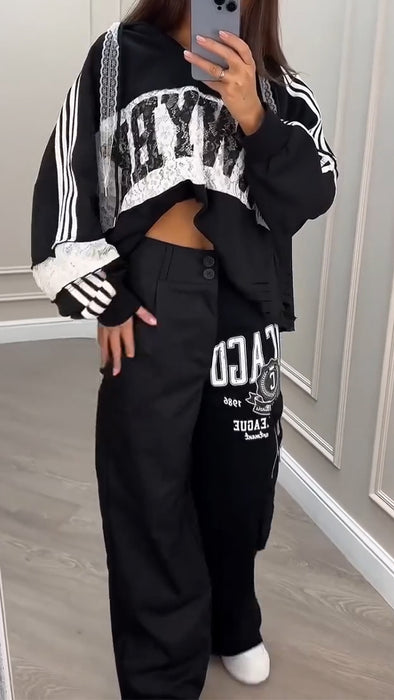 Womens Round Neck Splicing Printed Casual Set