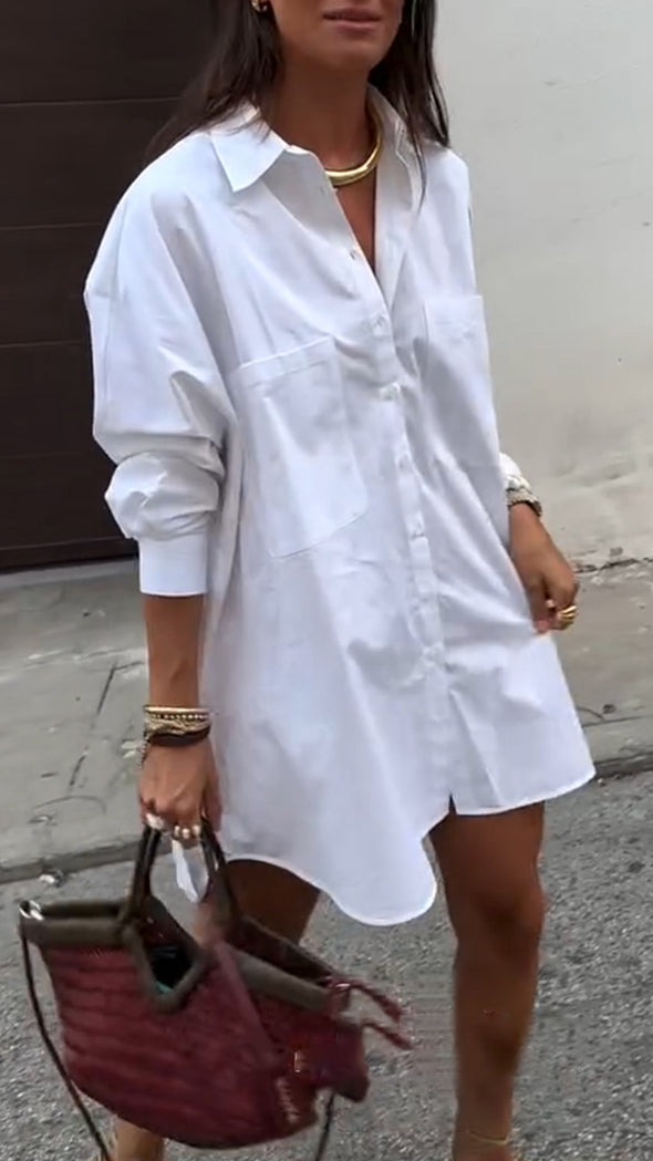 Womens Lapel Solid Color Shirt Dress
