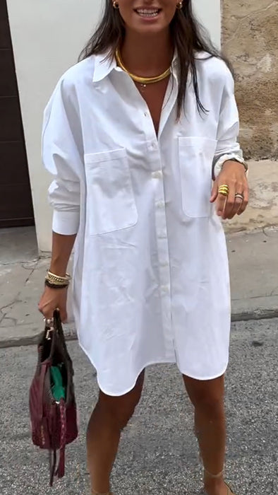 Womens Lapel Solid Color Shirt Dress