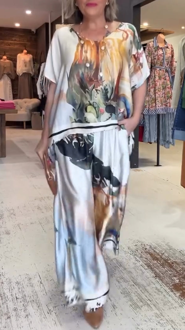 Women Round Neck Printed Loose Casual Suit