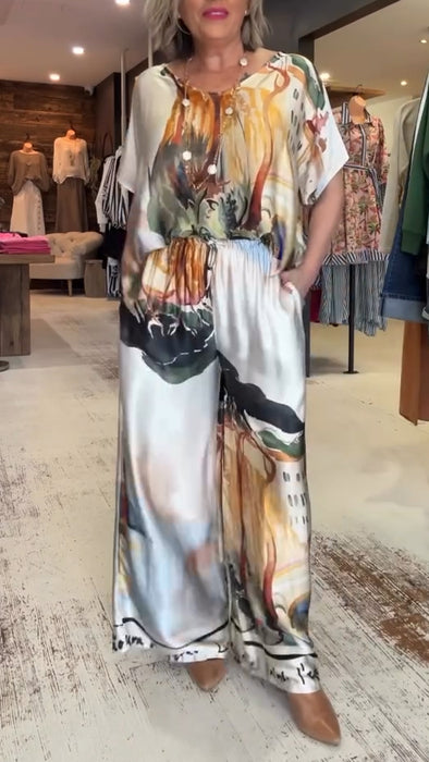Women Round Neck Printed Loose Casual Suit