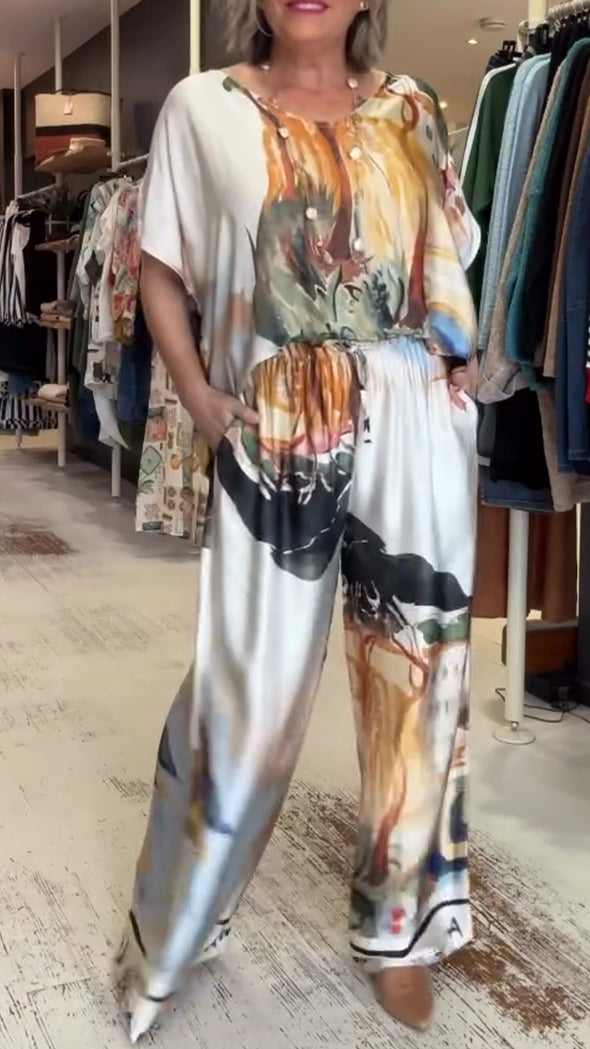 Women Round Neck Printed Loose Casual Suit