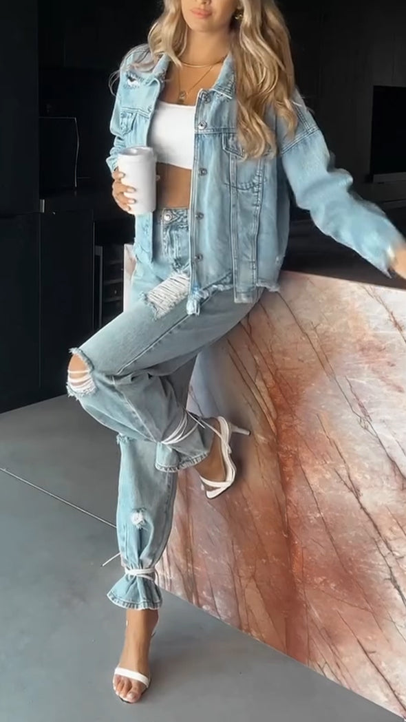 Women Lapel Jacket + Ripped Pants Casual Denim Set
