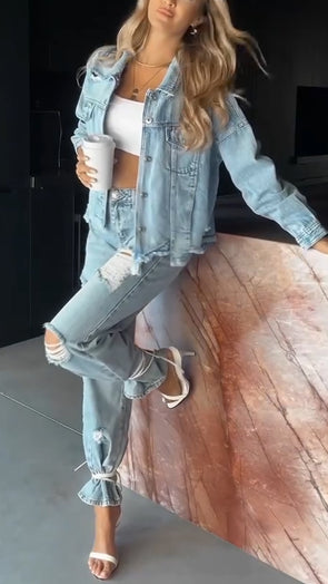 Women Lapel Jacket + Ripped Pants Casual Denim Set