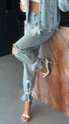 Women Lapel Jacket + Ripped Pants Casual Denim Set