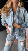 Women Lapel Jacket + Ripped Pants Casual Denim Set