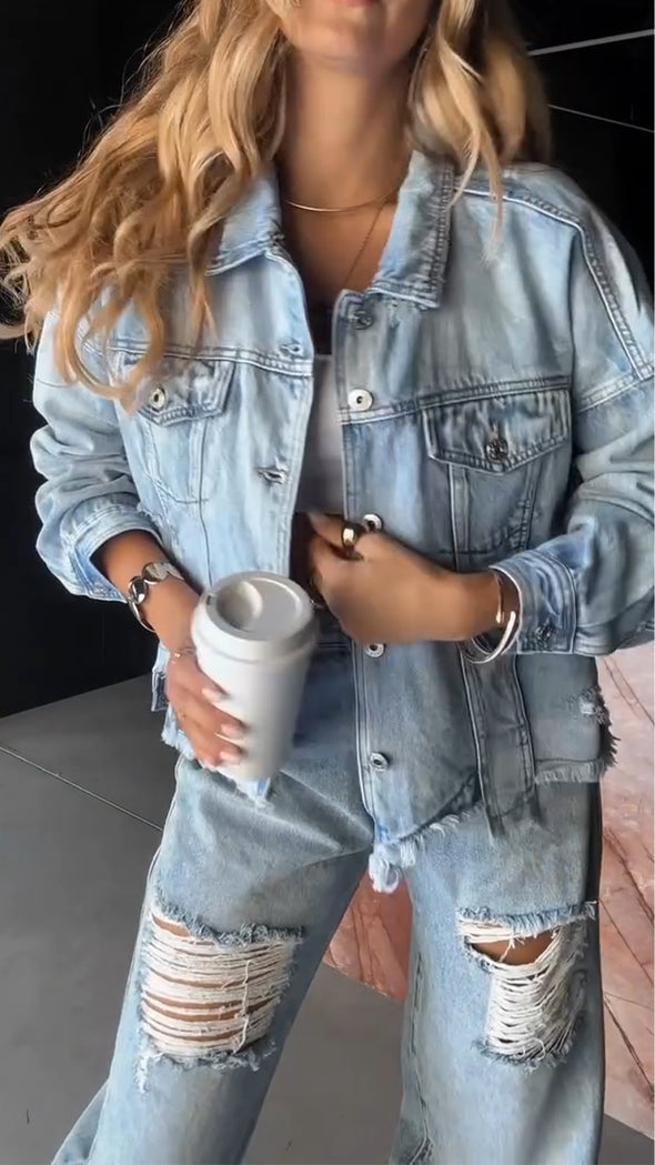 Women Lapel Jacket + Ripped Pants Casual Denim Set