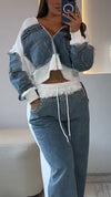 Womens Round Neck Hooded Spliced denim Hot Diamond Casual Set