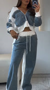 Womens Round Neck Hooded Spliced denim Hot Diamond Casual Set