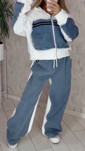 Womens Round Neck Hooded Spliced denim Hot Diamond Casual Set