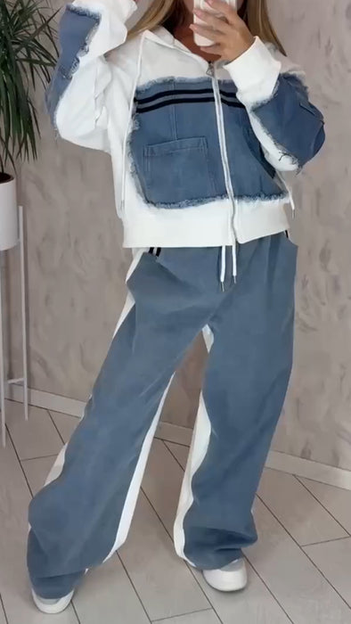 Womens Round Neck Hooded Spliced denim Hot Diamond Casual Set