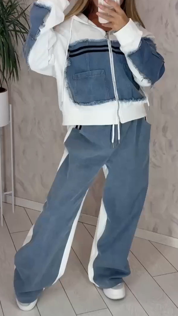 Womens Round Neck Hooded Spliced denim Hot Diamond Casual Set