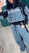 Womens Round Neck Hooded Spliced denim Hot Diamond Casual Set
