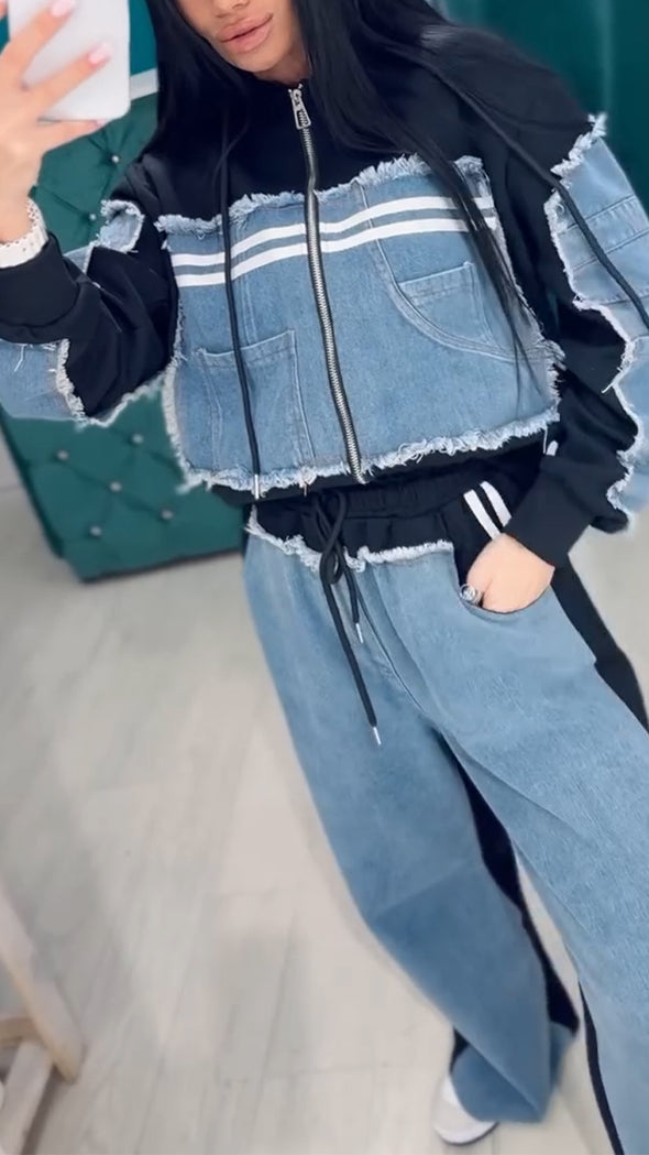 Womens Round Neck Hooded Spliced denim Hot Diamond Casual Set