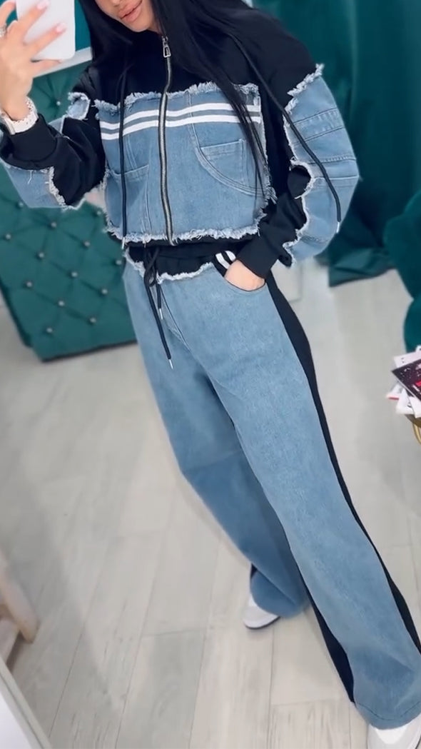 Womens Round Neck Hooded Spliced denim Hot Diamond Casual Set