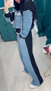 Womens Round Neck Hooded Spliced denim Hot Diamond Casual Set