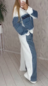 Womens Round Neck Hooded Spliced denim Hot Diamond Casual Set
