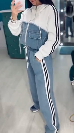 Women Round Neck Spliced denim Vertical Pattern Casual Suit