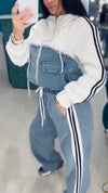 Women Round Neck Spliced denim Vertical Pattern Casual Suit