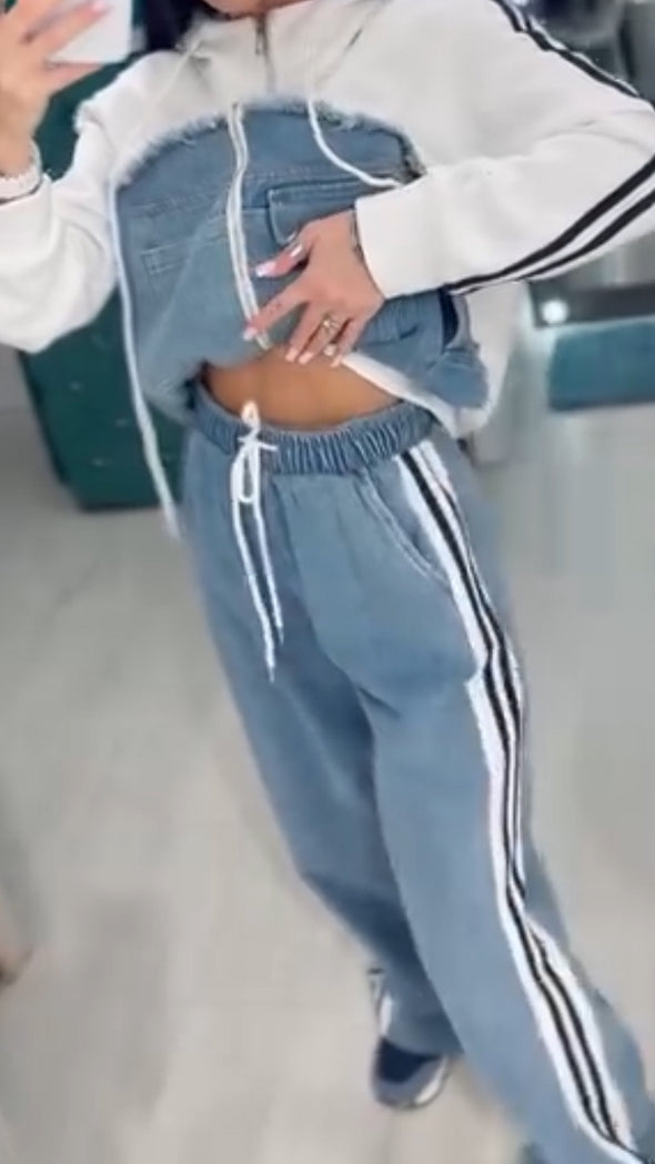 Women Round Neck Spliced denim Vertical Pattern Casual Suit