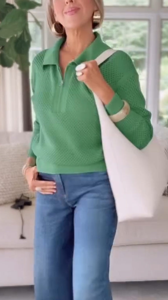 Womens Lapel Half Zipper Casual Top