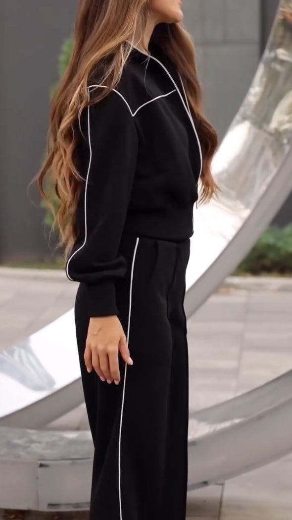 Womens Lapel Zipper Jacket + Pants Casual Set