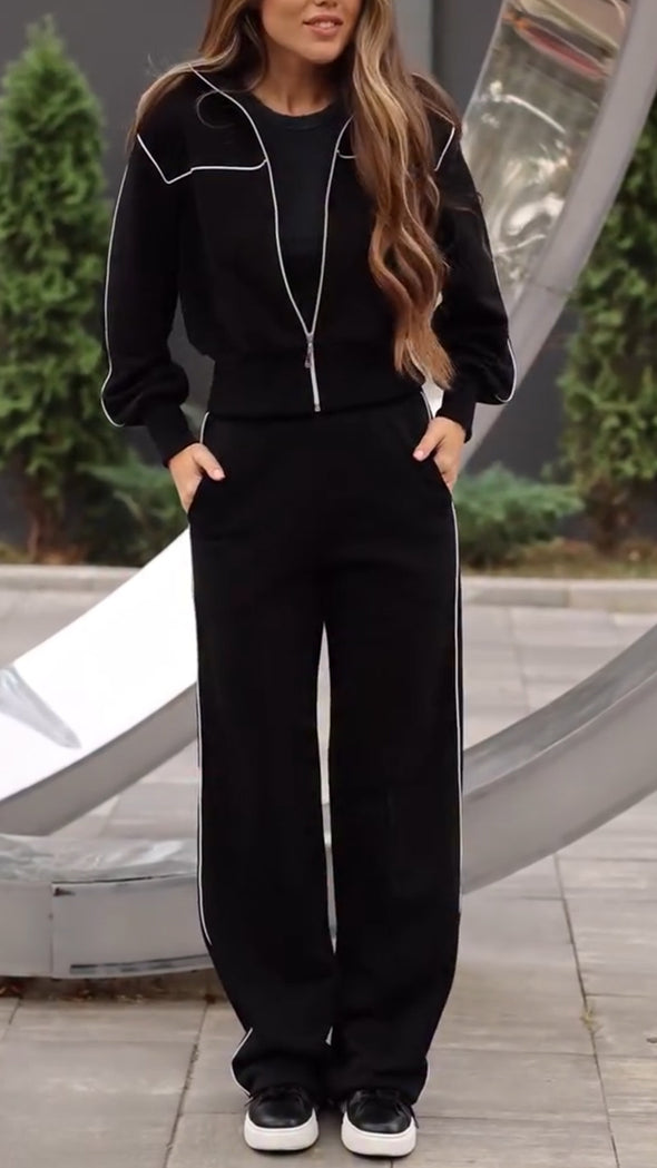 Womens Lapel Zipper Jacket + Pants Casual Set