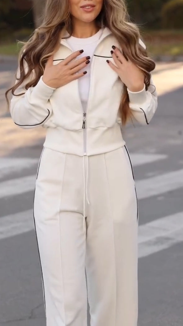Womens Lapel Zipper Jacket + Pants Casual Set