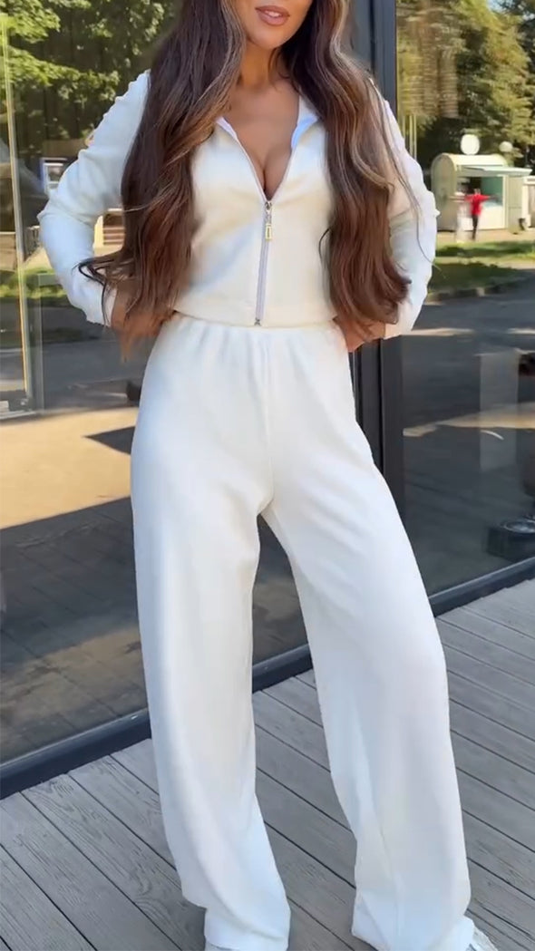 Women Lapel Zipper Jacket + Pants Solid Color Casual Set