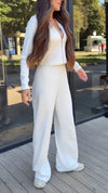 Women Lapel Zipper Jacket + Pants Solid Color Casual Set
