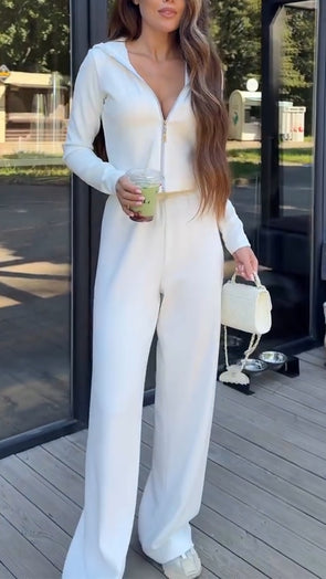 Women Lapel Zipper Jacket + Pants Solid Color Casual Set