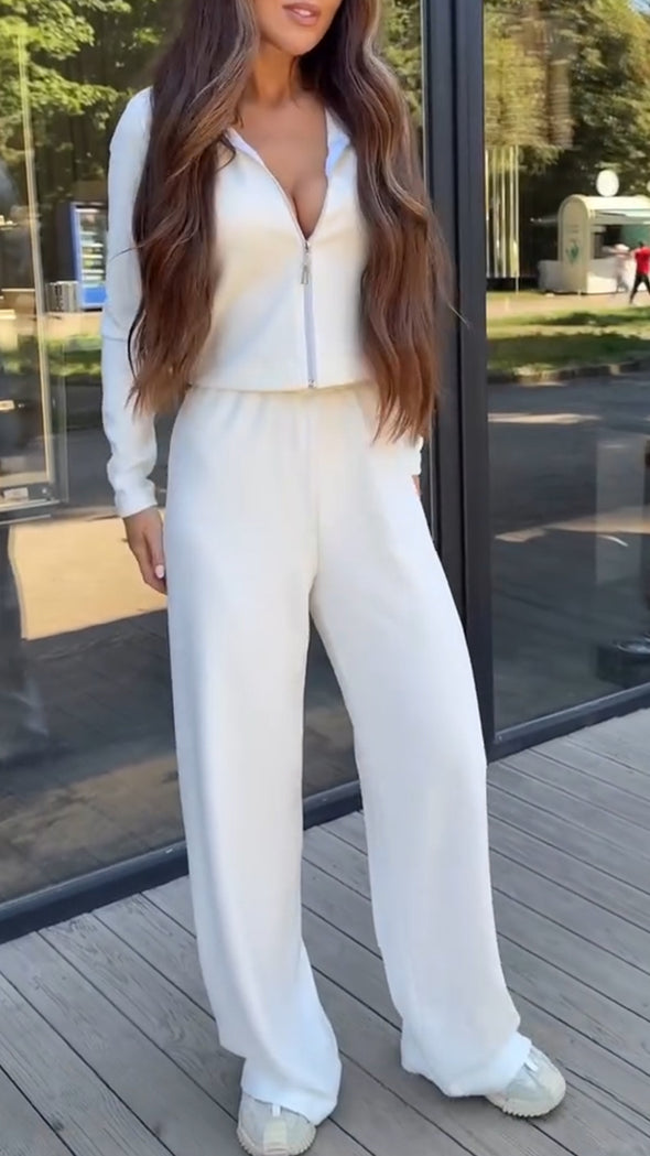Women Lapel Zipper Jacket + Pants Solid Color Casual Set