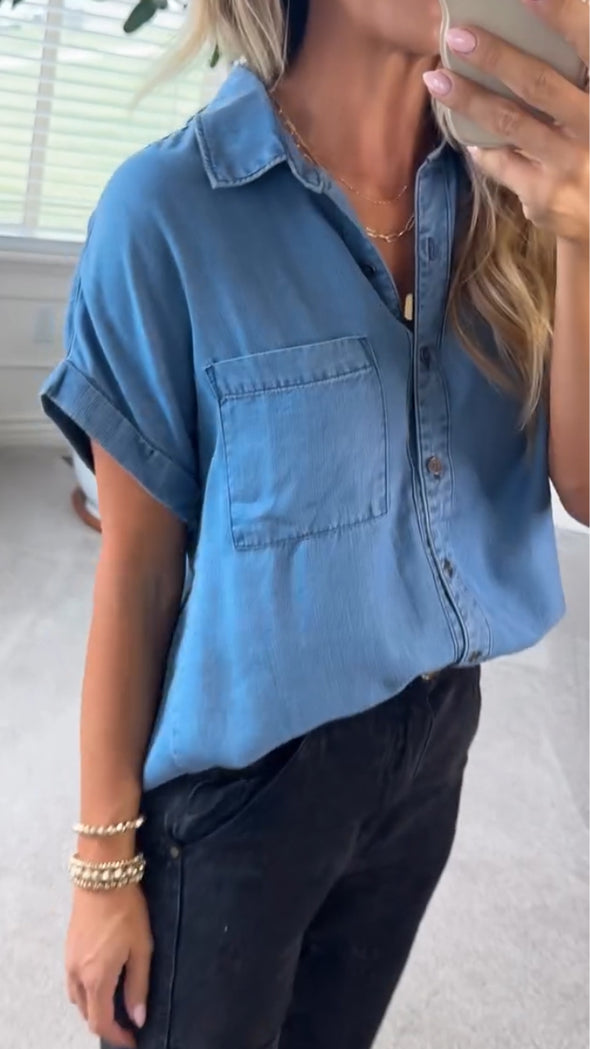 Women Lapel Denim Casual Top