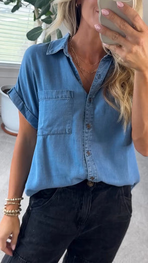 Women Lapel Denim Casual Top