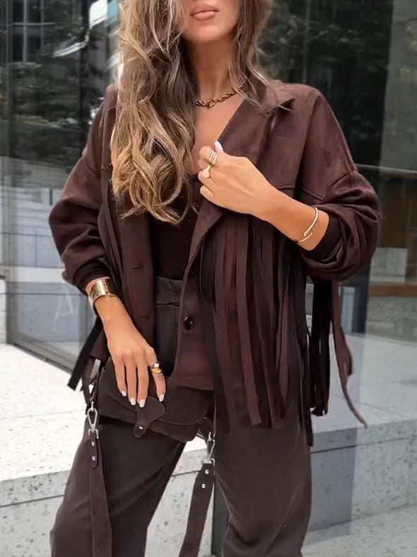 Womens Lapel Spliced Tassel Casual Jacket