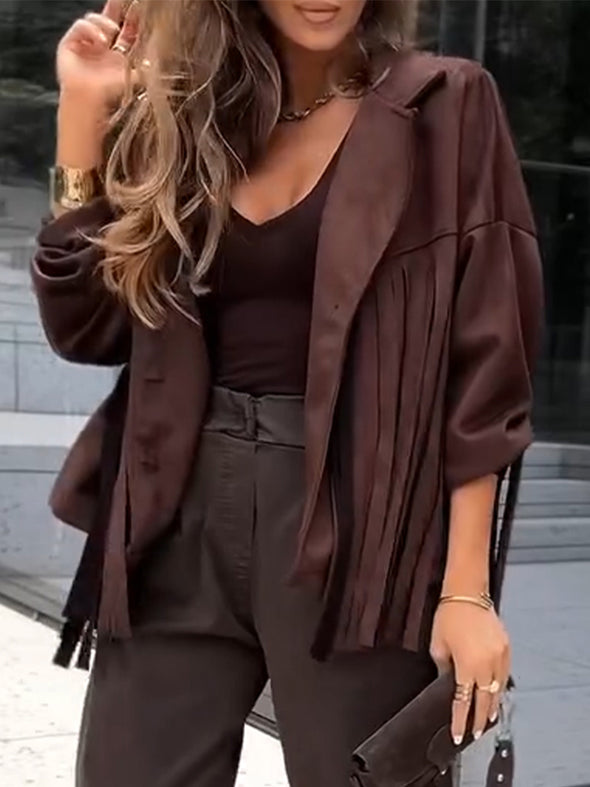 Womens Lapel Spliced Tassel Casual Jacket