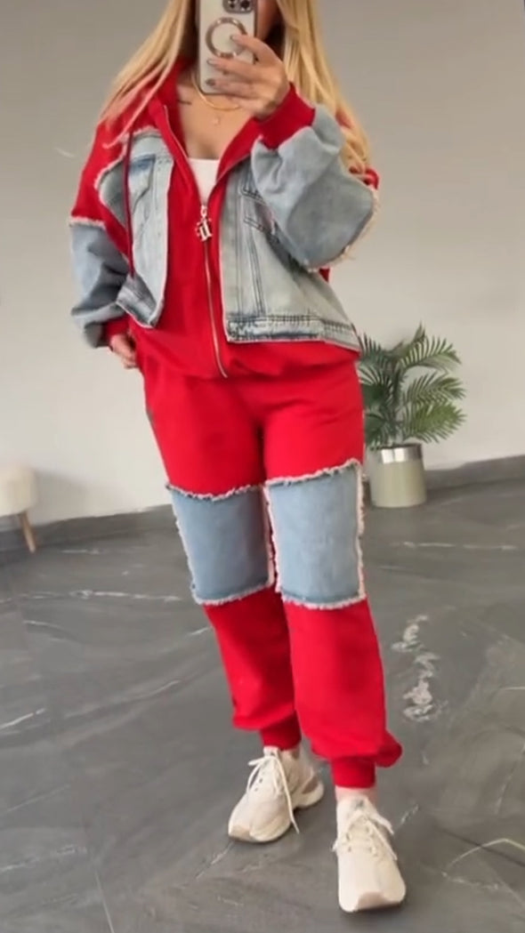 Womens Round Neck Hooded Spliced denim Casual Suit