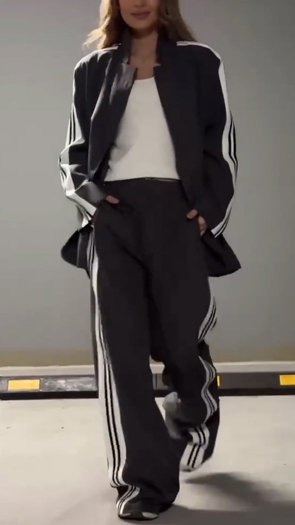 Women Lapel Vertical Pattern Temperament Casual Suit