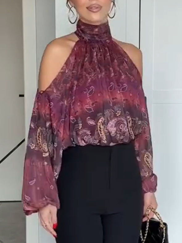 Women Round Neck Printed Shoulder Hollow Casual Top