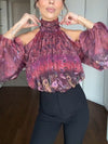 Women Round Neck Printed Shoulder Hollow Casual Top
