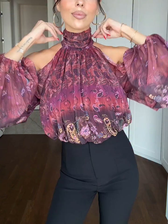 Women Round Neck Printed Shoulder Hollow Casual Top